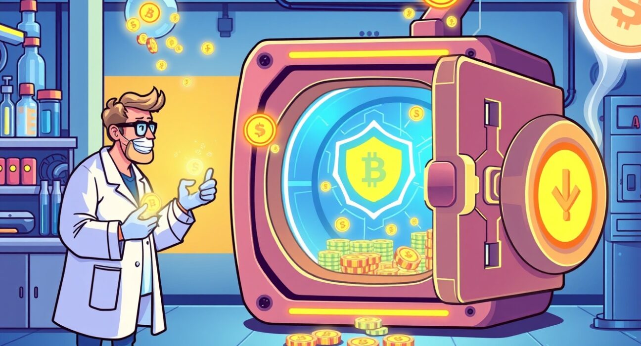 A vibrant cartoon of a biotech lab transforming into a secure digital asset treasury vault with blockchain elements.