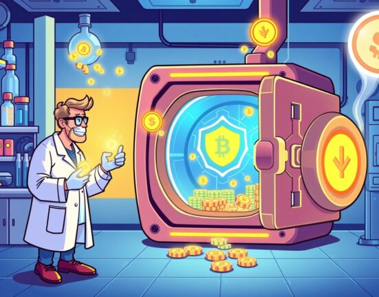 A vibrant cartoon of a biotech lab transforming into a secure digital asset treasury vault with blockchain elements.