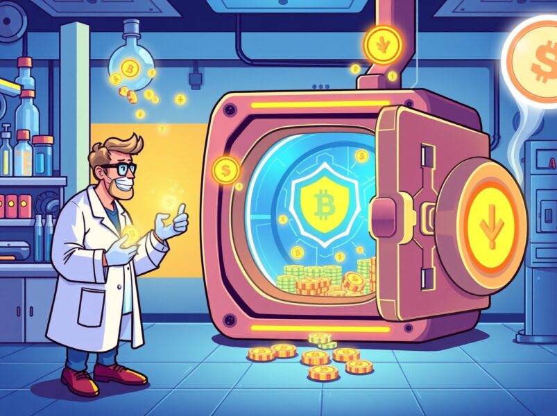 A vibrant cartoon of a biotech lab transforming into a secure digital asset treasury vault with blockchain elements.