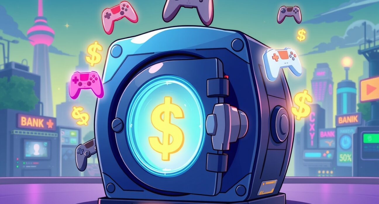 A vibrant cartoon illustrating Sony Bank's stablecoin powering a digital gaming and entertainment ecosystem.