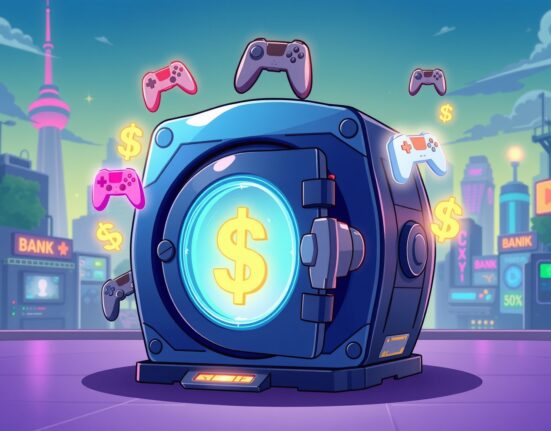 A vibrant cartoon illustrating Sony Bank's stablecoin powering a digital gaming and entertainment ecosystem.