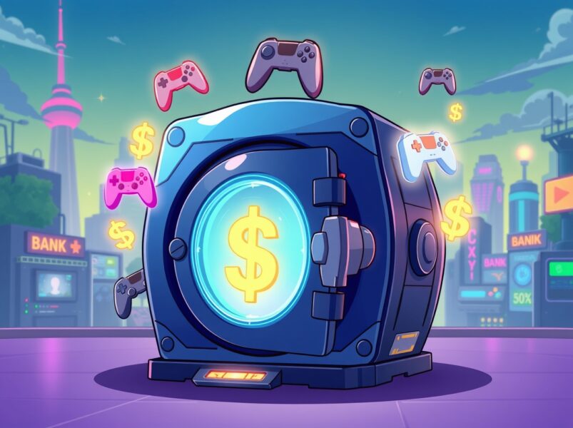 A vibrant cartoon illustrating Sony Bank's stablecoin powering a digital gaming and entertainment ecosystem.