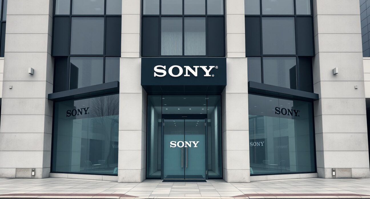 Modern bank building with Sony branding, representing Sony's new stablecoin trust bank approval.