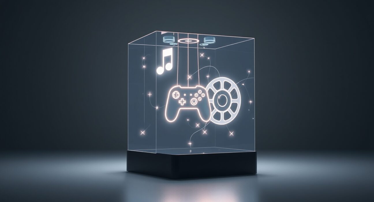 Sony's digital IP strategy visualized as interconnected entertainment assets within a blockchain network cube.