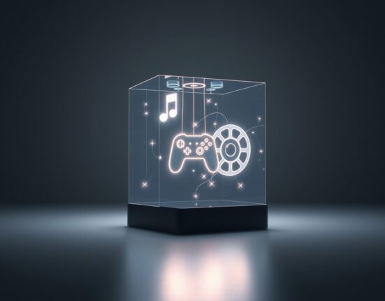 Sony's digital IP strategy visualized as interconnected entertainment assets within a blockchain network cube.