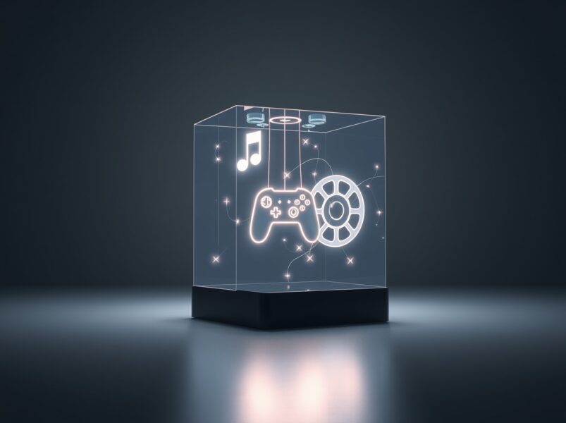 Sony's digital IP strategy visualized as interconnected entertainment assets within a blockchain network cube.