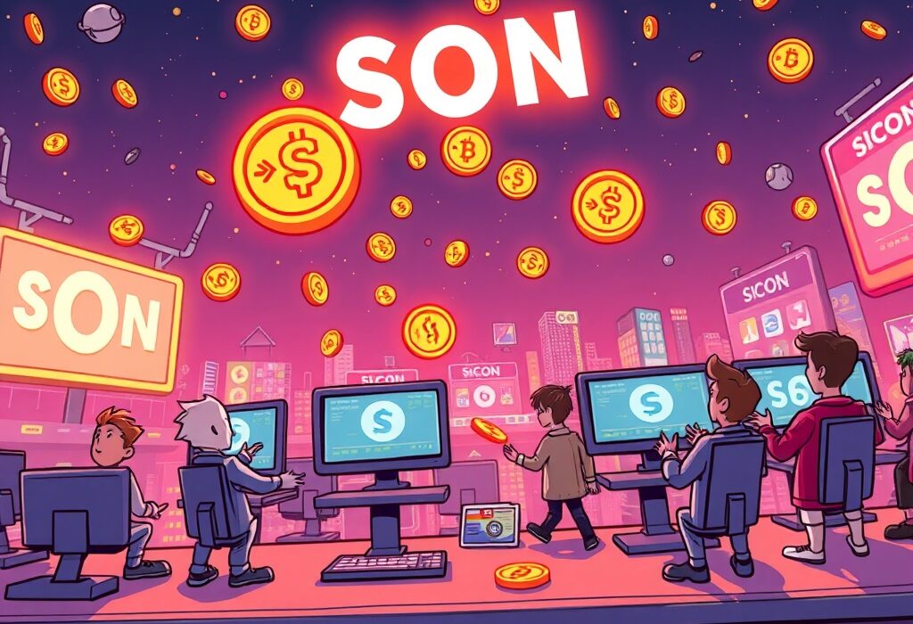 Illustrative scene of participants eagerly claiming SOON airdrop tokens by engaging in copy-trading on a digital platform, enhanced by NFT holdings.