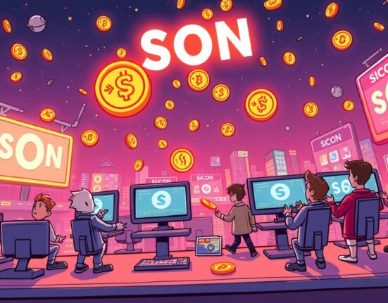 Illustrative scene of participants eagerly claiming SOON airdrop tokens by engaging in copy-trading on a digital platform, enhanced by NFT holdings.