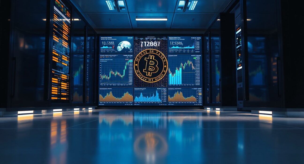Modern data center with cryptocurrency and AI visualization screens