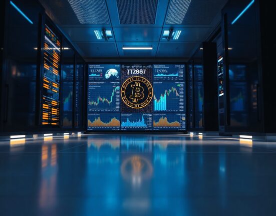 Modern data center with cryptocurrency and AI visualization screens