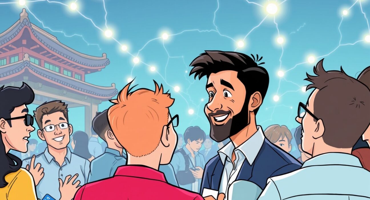 Cartoon illustration of an energetic SOON KBW side event, featuring attendees and Jesse Lingard, highlighting blockchain innovation.