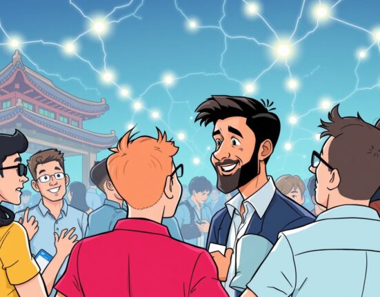 Cartoon illustration of an energetic SOON KBW side event, featuring attendees and Jesse Lingard, highlighting blockchain innovation.