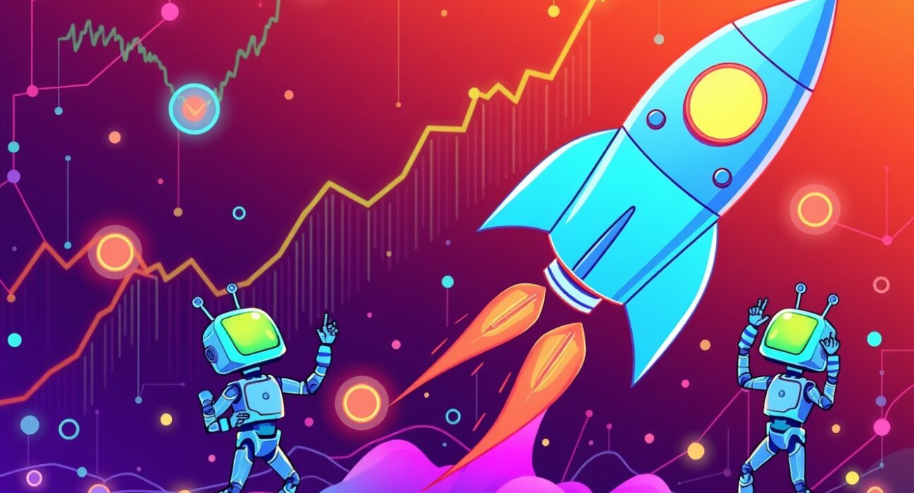 SOON price surge depicted as rocket token launching with AI agents celebrating blockchain growth