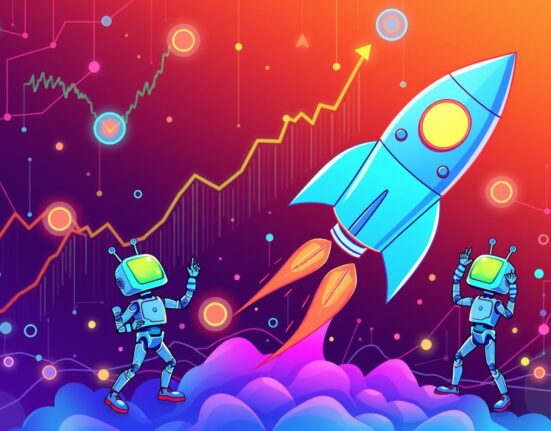 SOON price surge depicted as rocket token launching with AI agents celebrating blockchain growth