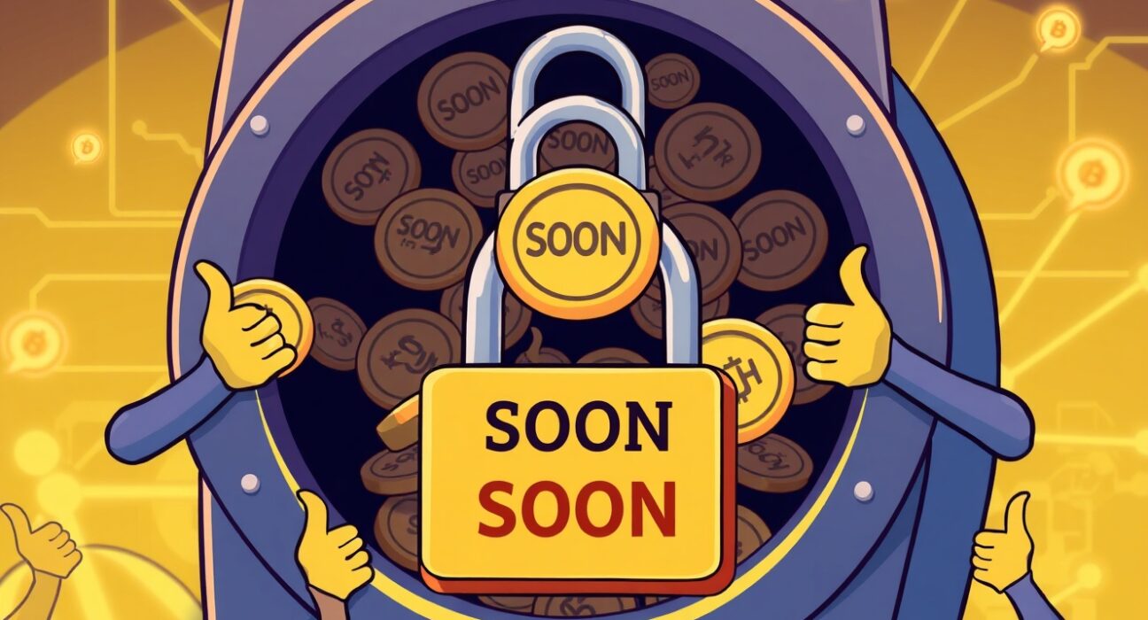 Cartoon illustration showing SOON tokens being securely re-locked in a digital vault, representing enhanced project stability.