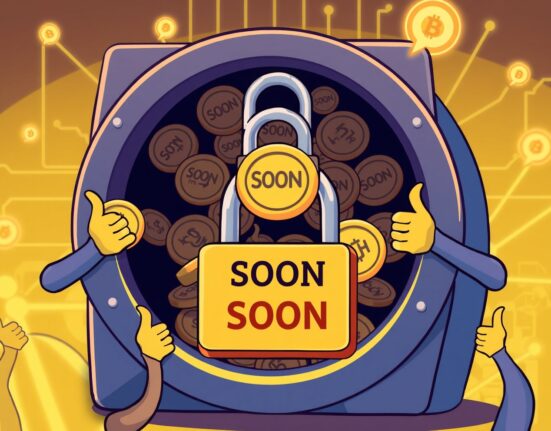 Cartoon illustration showing SOON tokens being securely re-locked in a digital vault, representing enhanced project stability.