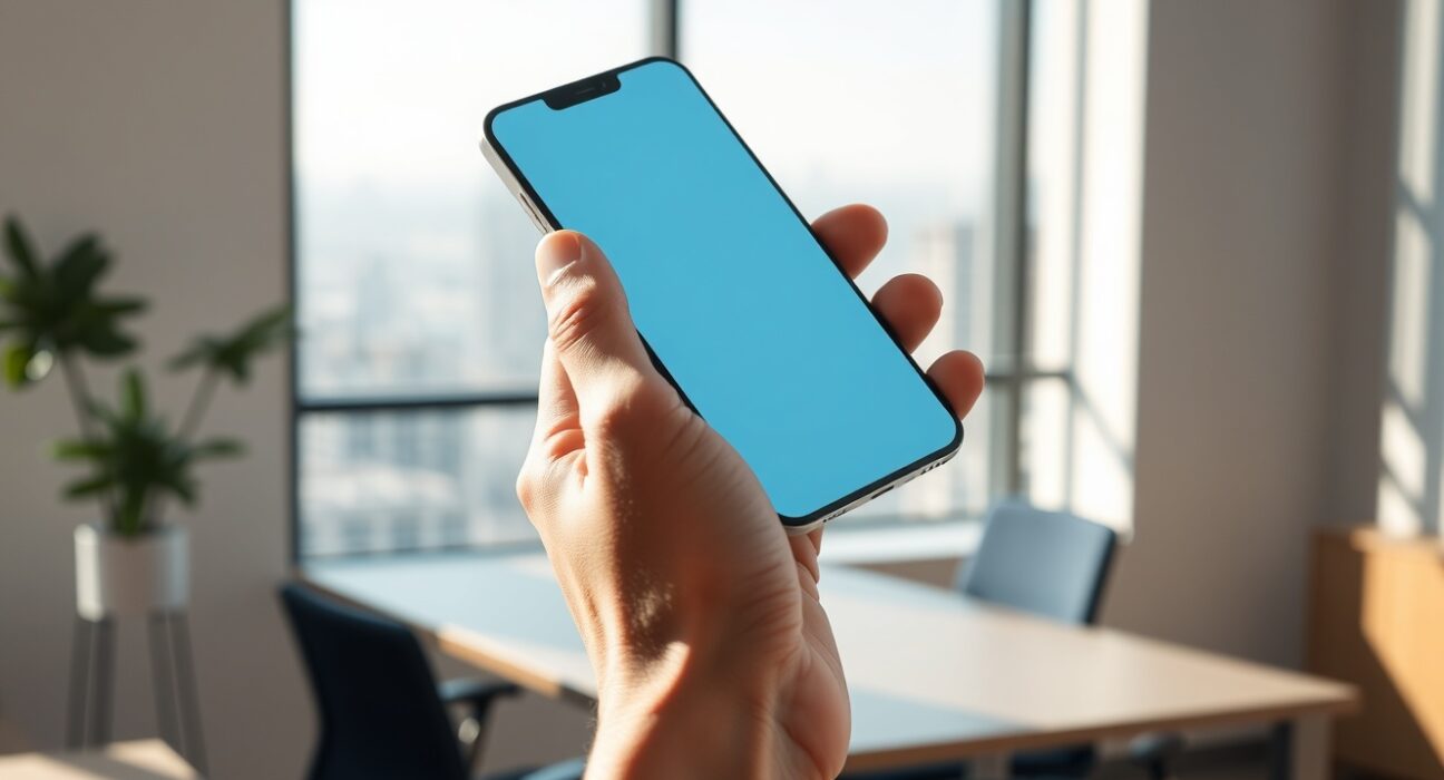 Hand holding smartphone with digital wallet interface in a bright modern office setting