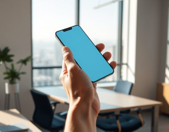 Hand holding smartphone with digital wallet interface in a bright modern office setting