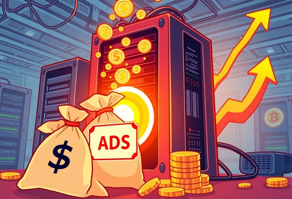 Cartoon illustration depicting SOS Limited funding boosting crypto mining operations with new investments.