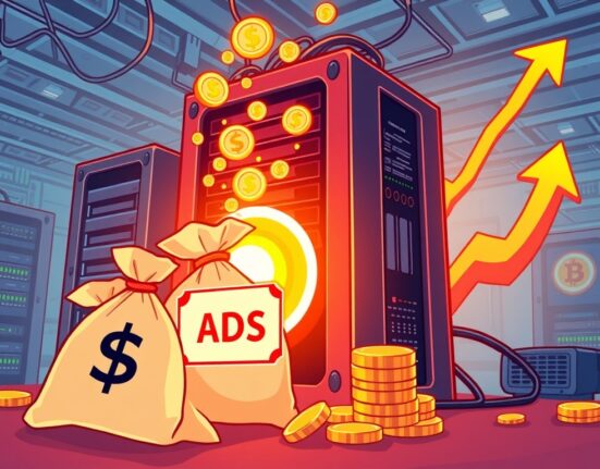 Cartoon illustration depicting SOS Limited funding boosting crypto mining operations with new investments.