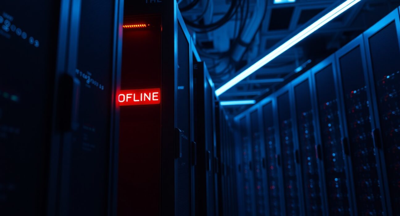 Dimly lit server room with a glowing red shutdown indicator on a rack, representing the end of Soundness Labs operations.