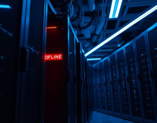 Dimly lit server room with a glowing red shutdown indicator on a rack, representing the end of Soundness Labs operations.