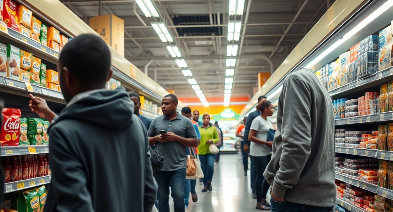 Shoppers in a South African supermarket looking at price tags, illustrating rising consumer inflation.