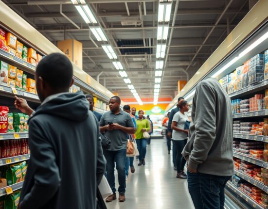Shoppers in a South African supermarket looking at price tags, illustrating rising consumer inflation.