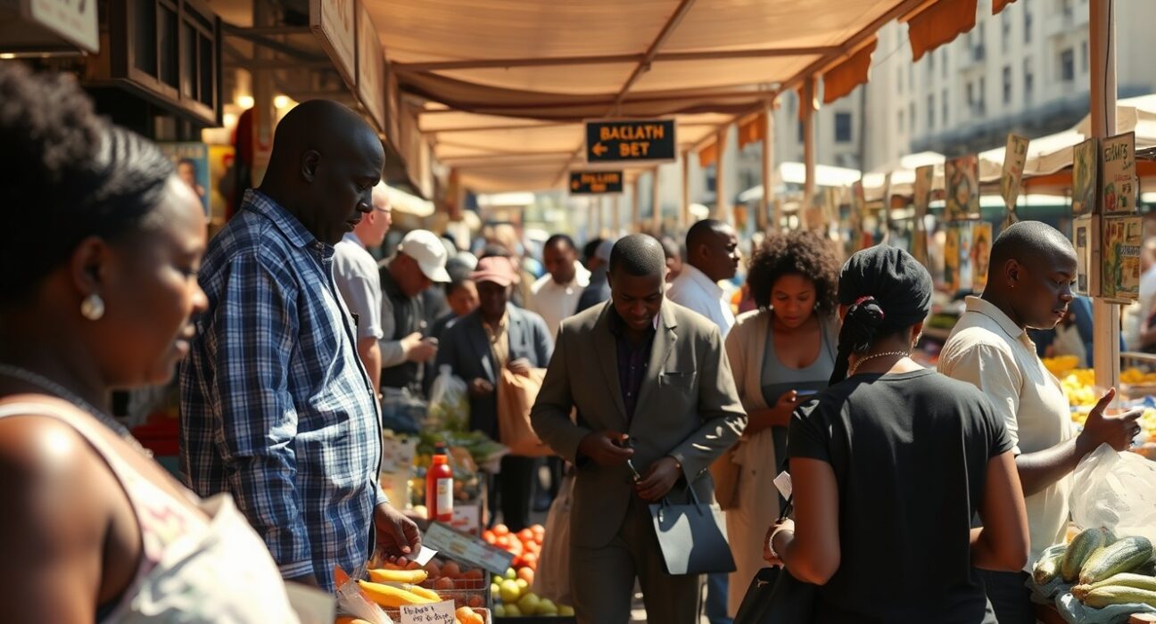 Shoppers at a market in South Africa amid steady inflation in June.