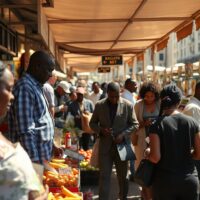 Shoppers at a market in South Africa amid steady inflation in June.