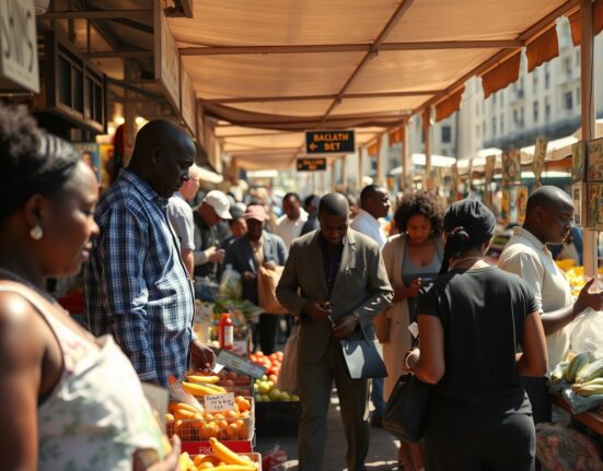 Shoppers at a market in South Africa amid steady inflation in June.