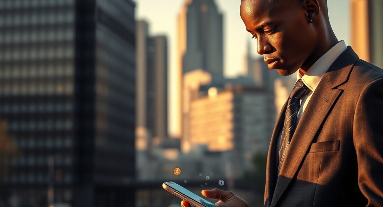 Businessman in Johannesburg reviewing cryptocurrency charts on smartphone, representing South Africa's new cross-border crypto transfer regulations.