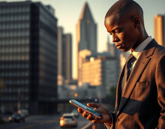 Businessman in Johannesburg reviewing cryptocurrency charts on smartphone, representing South Africa's new cross-border crypto transfer regulations.