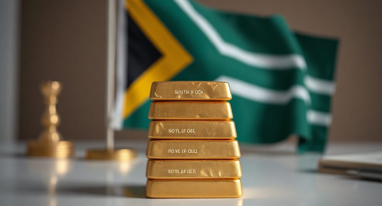 Gold bullion bars with South African flag in background representing national reserves