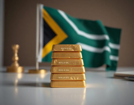 Gold bullion bars with South African flag in background representing national reserves