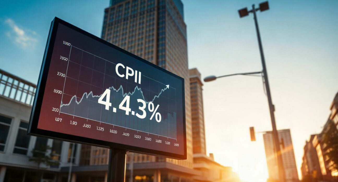 South African financial district with digital screen showing CPI inflation chart