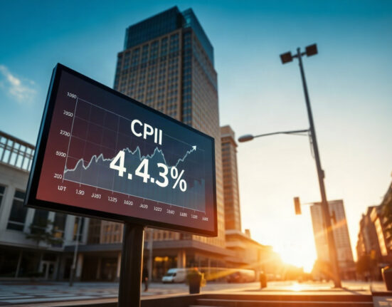 South African financial district with digital screen showing CPI inflation chart