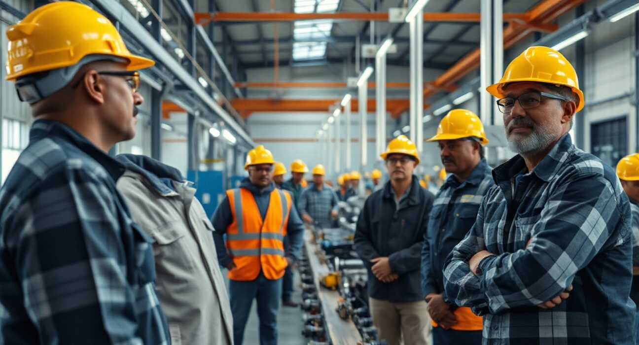 Workers on a manufacturing production line in a South African factory