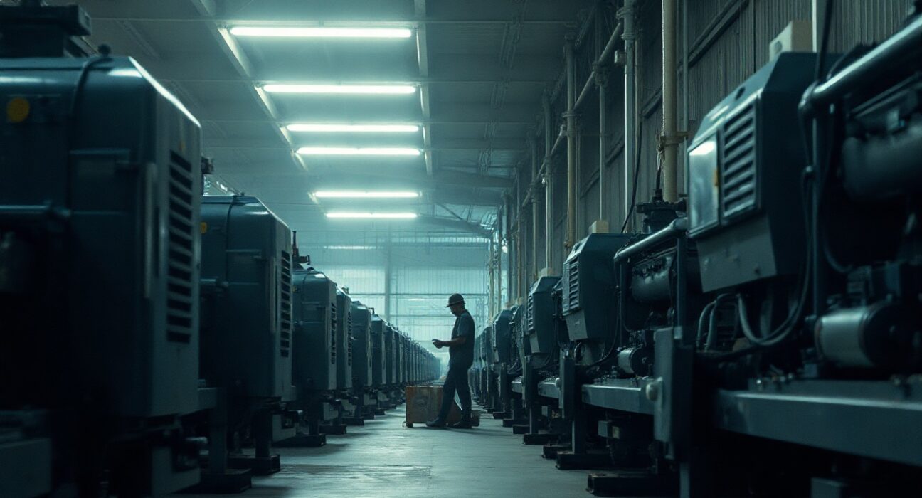 Empty factory floor in South Africa with industrial machinery and dim lighting