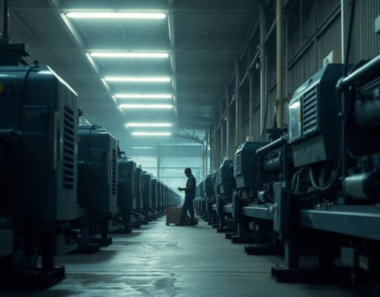 Empty factory floor in South Africa with industrial machinery and dim lighting
