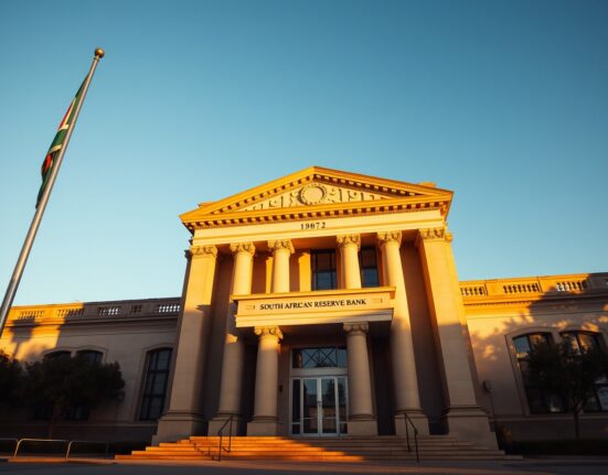 South African Reserve Bank building in Pretoria, with the national flag flying, symbolizing the country's monetary authority.