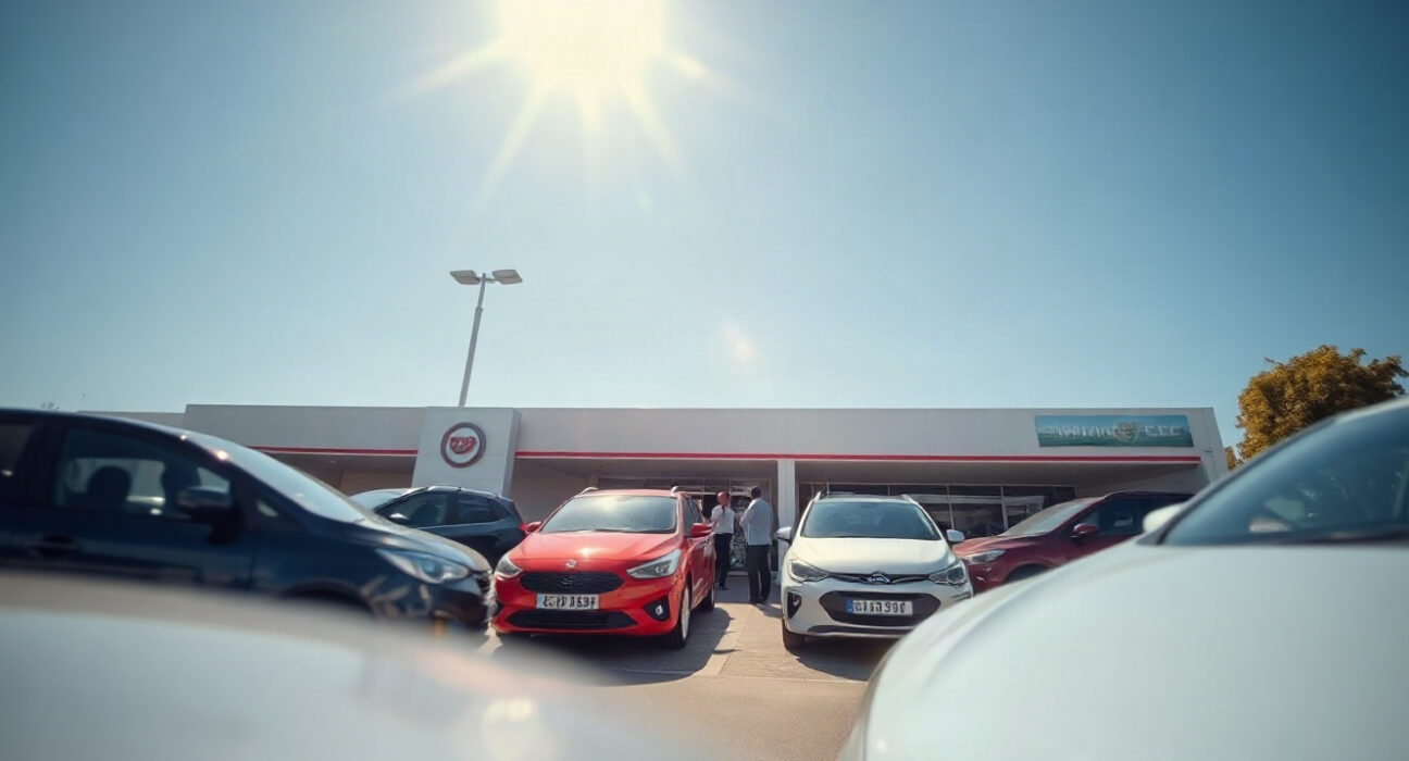 New vehicles lined up at a South African car dealership under a bright sky