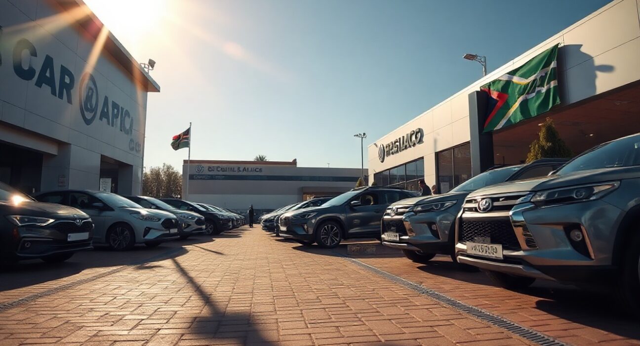 New cars lined up at a dealership in South Africa, reflecting a rise in monthly vehicle sales.