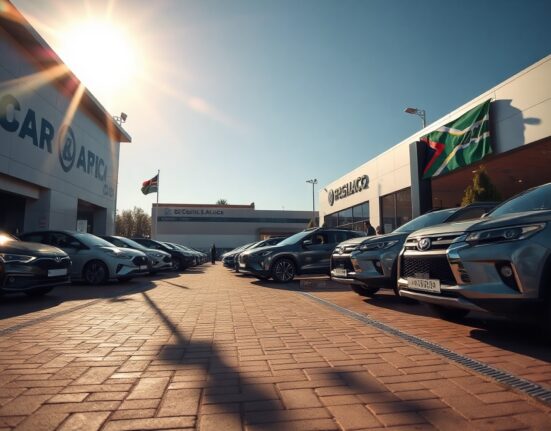New cars lined up at a dealership in South Africa, reflecting a rise in monthly vehicle sales.