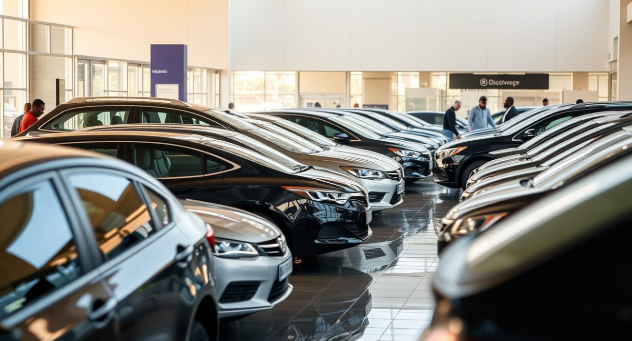 New car dealership showroom in South Africa with vehicles on display and customers browsing