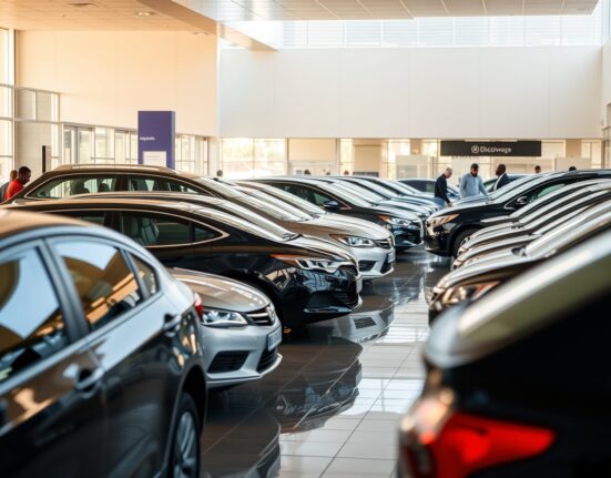 New car dealership showroom in South Africa with vehicles on display and customers browsing