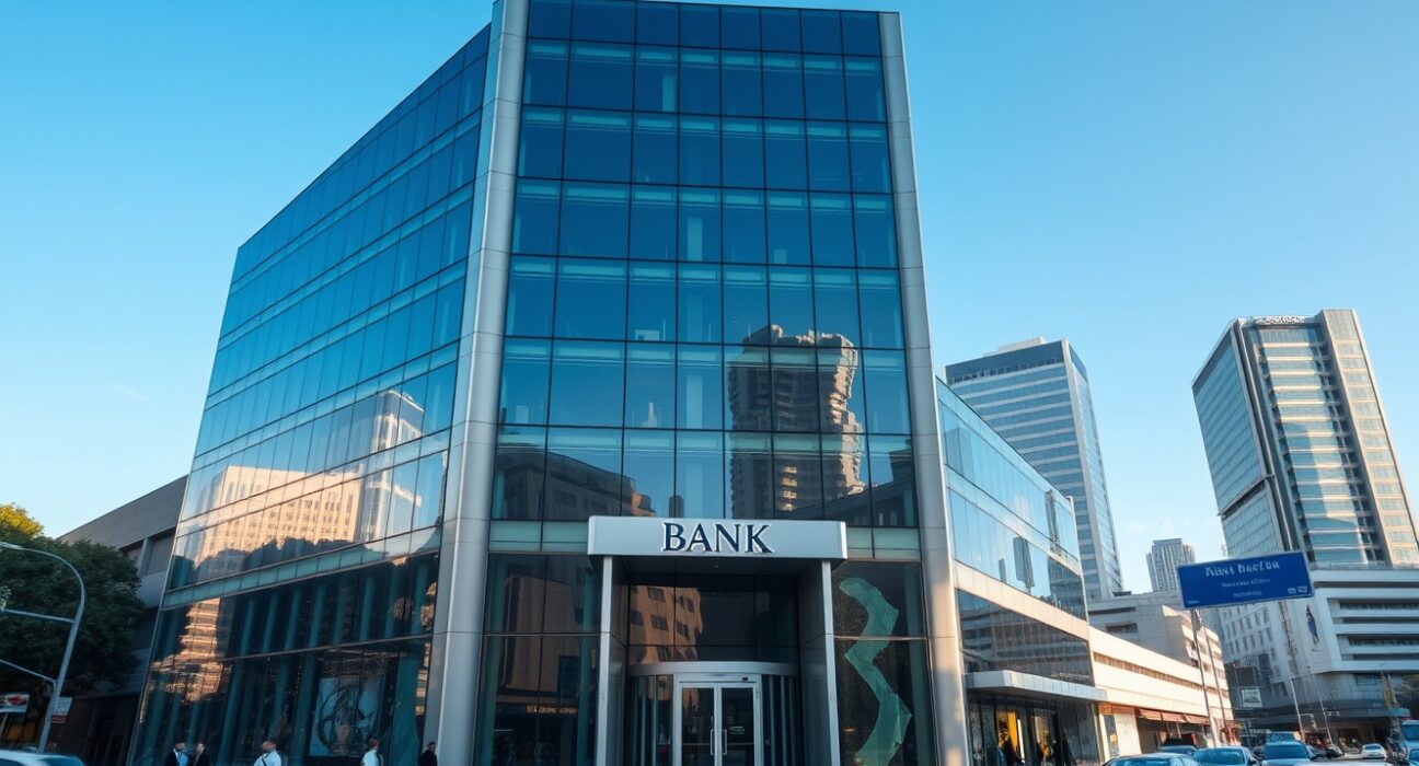 Exterior of a commercial bank in Johannesburg, South Africa, representing private sector lending activity.