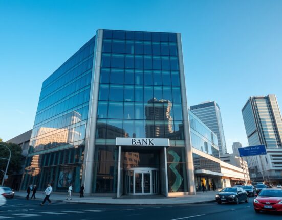 Exterior of a commercial bank in Johannesburg, South Africa, representing private sector lending activity.