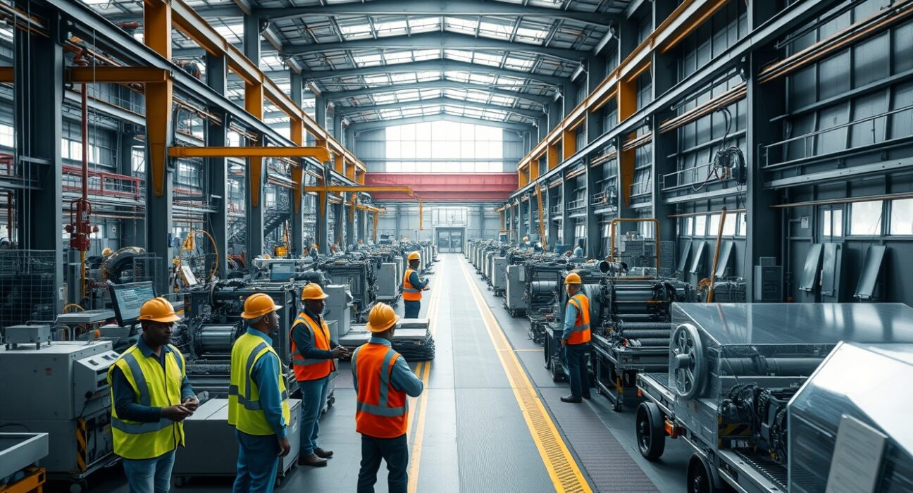 Factory workers on an industrial production line in South Africa