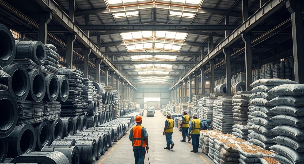 Workers in a South African industrial warehouse with stacked raw materials, representing producer price trends.